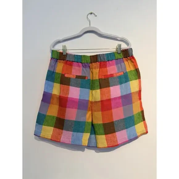 Boden Dulwich Linen Shorts in Rainbow Multigingham 4” Shorts - Size 10